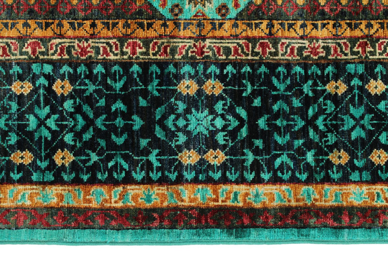 6x8 Green and Navy Turkish Tribal Rug