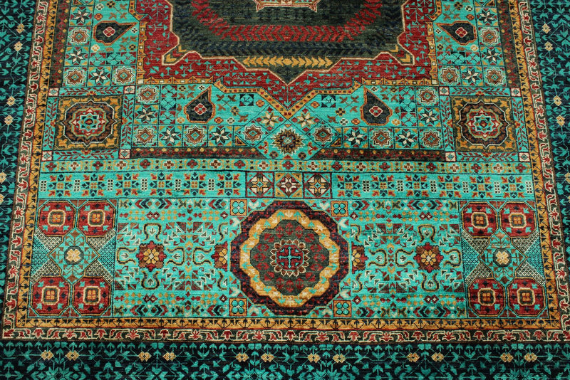 6x8 Green and Navy Turkish Tribal Rug