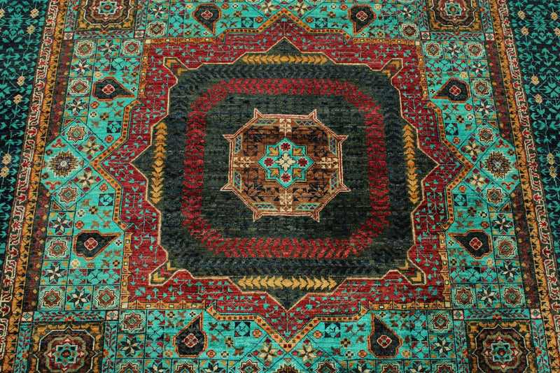 6x8 Green and Navy Turkish Tribal Rug