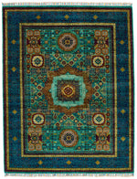 5x7 Green and Navy Turkish Tribal Rug