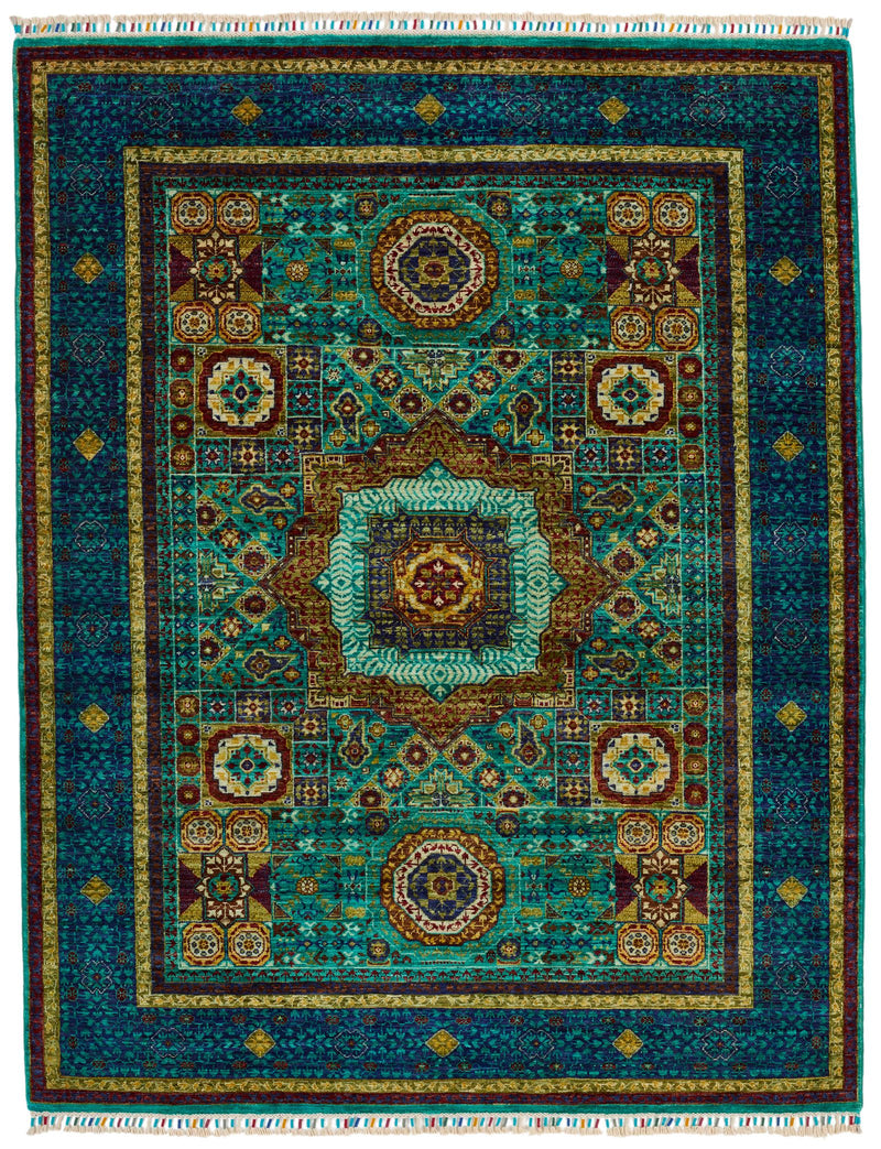 5x7 Green and Navy Turkish Tribal Rug