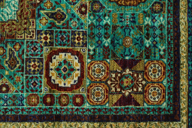 5x7 Green and Navy Turkish Tribal Rug