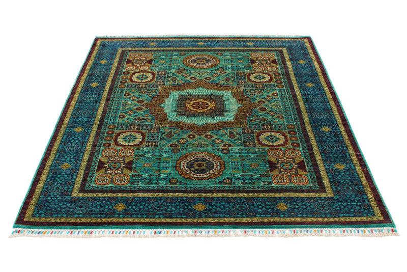 5x7 Green and Navy Turkish Tribal Rug