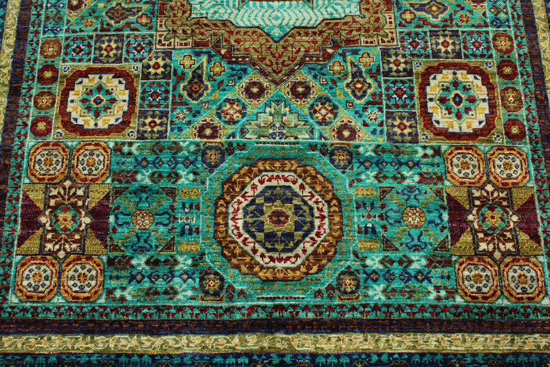 5x7 Green and Navy Turkish Tribal Rug