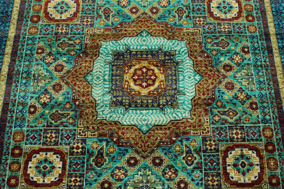 5x7 Green and Navy Turkish Tribal Rug