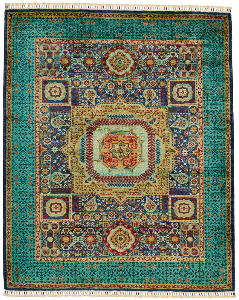 5x6 Navy and Green Turkish Tribal Rug