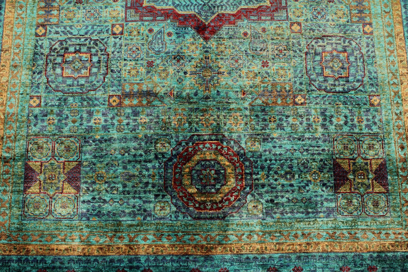 5x7 Light Green and Light Blue Turkish Tribal Rug