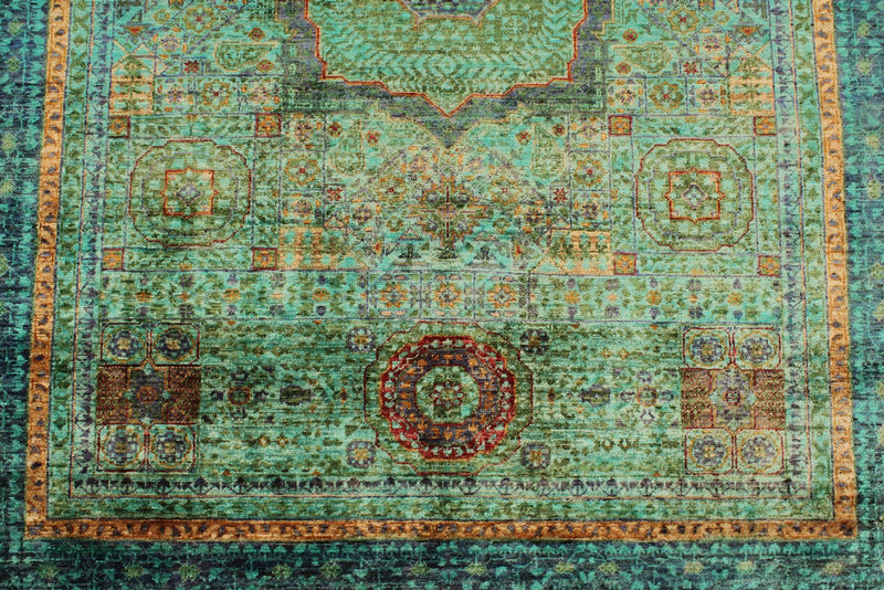 5x7 Green and Navy Turkish Tribal Rug