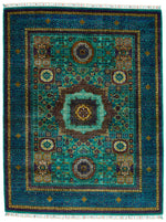 5x7 Green and Navy Turkish Tribal Rug