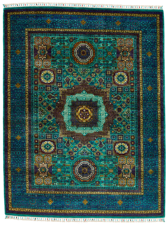 5x7 Green and Navy Turkish Tribal Rug