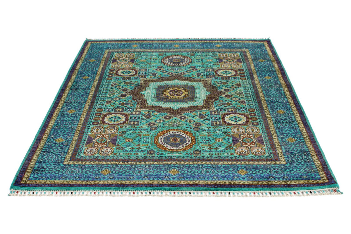 5x7 Green and Navy Turkish Tribal Rug