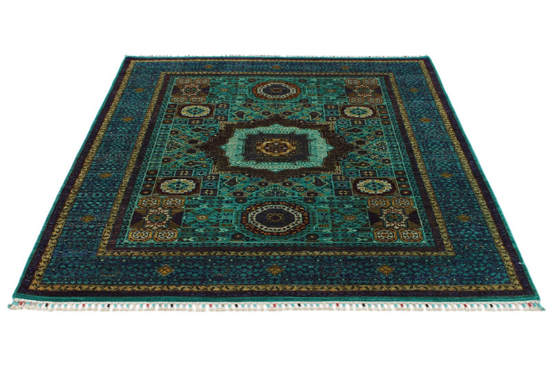 5x7 Green and Navy Turkish Tribal Rug