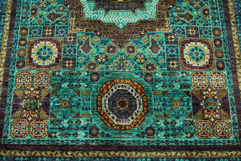 5x7 Green and Navy Turkish Tribal Rug