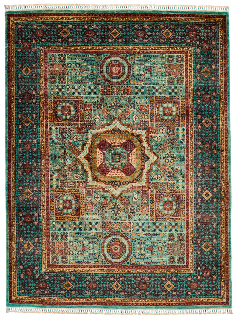 5x7 Light Green and Light Brown Turkish Tribal Rug