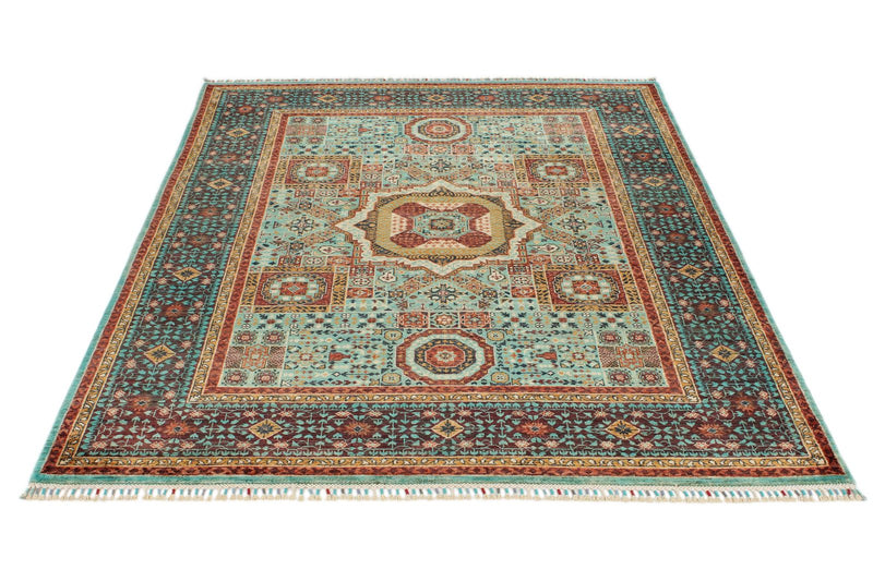 5x7 Light Green and Light Brown Turkish Tribal Rug