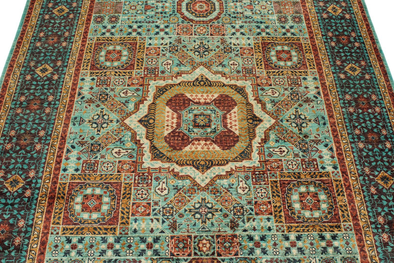 5x7 Light Green and Light Brown Turkish Tribal Rug