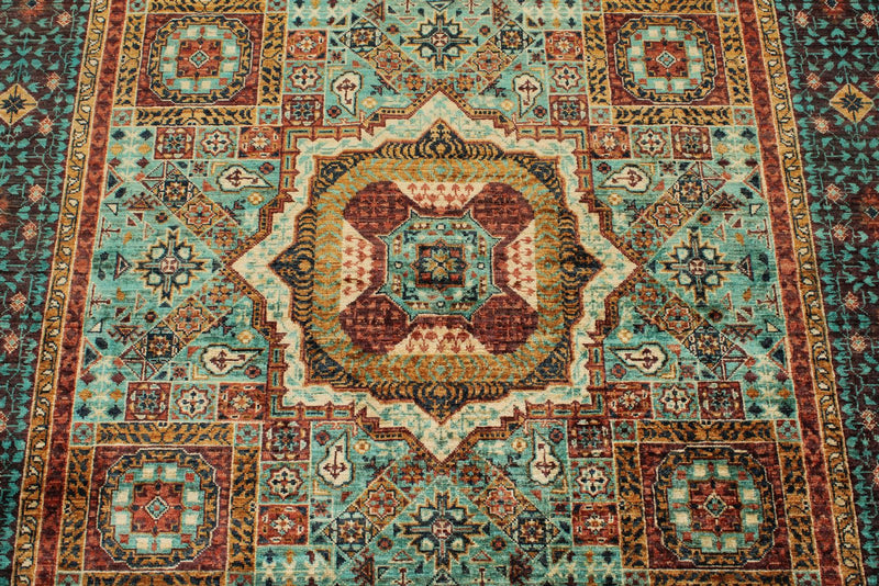 5x7 Light Green and Light Brown Turkish Tribal Rug