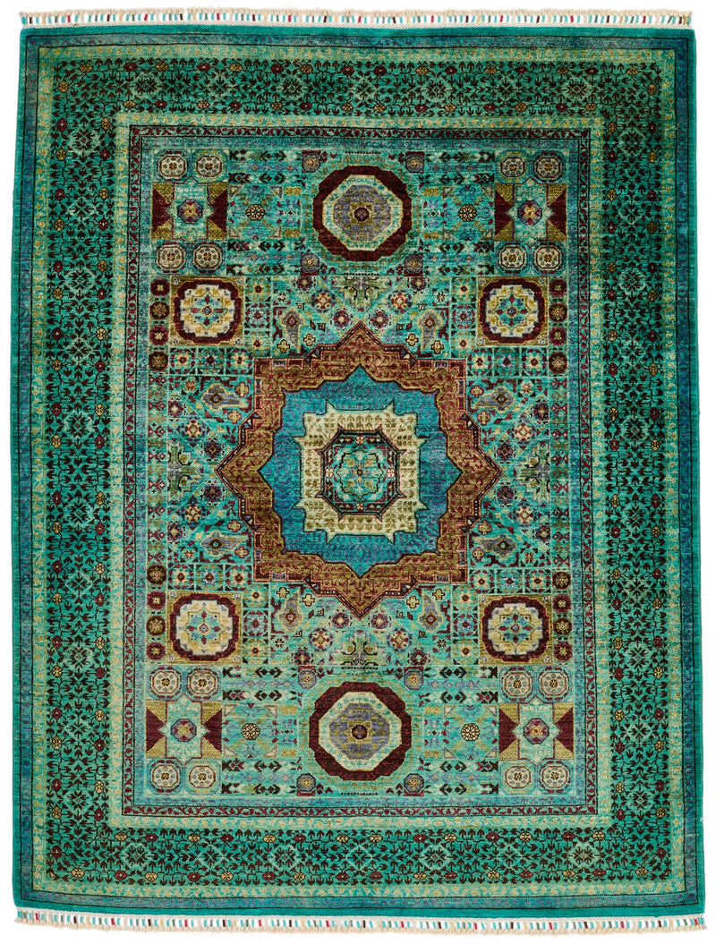 5x7 Green and Multicolor Turkish Tribal Rug