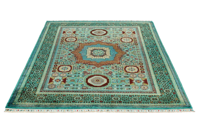 5x7 Green and Multicolor Turkish Tribal Rug