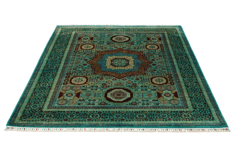 5x7 Green and Multicolor Turkish Tribal Rug