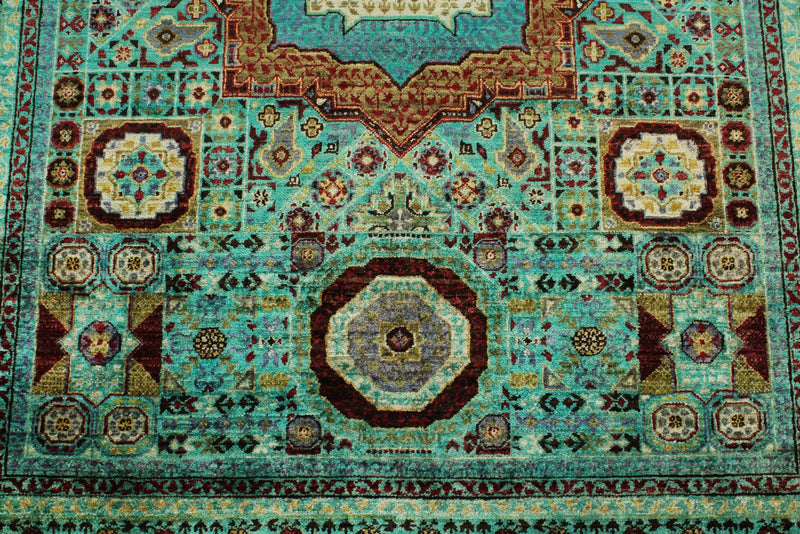 5x7 Green and Multicolor Turkish Tribal Rug