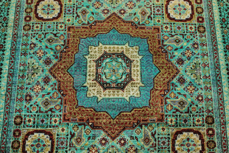 5x7 Green and Multicolor Turkish Tribal Rug