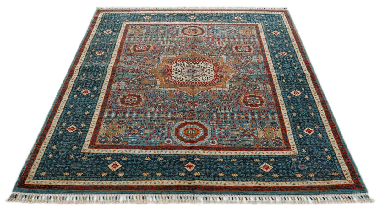 5x6 Gray and Blue Turkish Tribal Rug