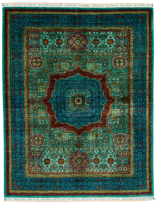 5x7 Green and Multicolor Turkish Tribal Rug