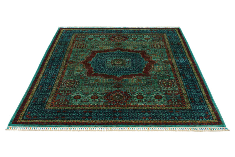 5x7 Green and Multicolor Turkish Tribal Rug