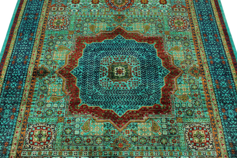 5x7 Green and Multicolor Turkish Tribal Rug