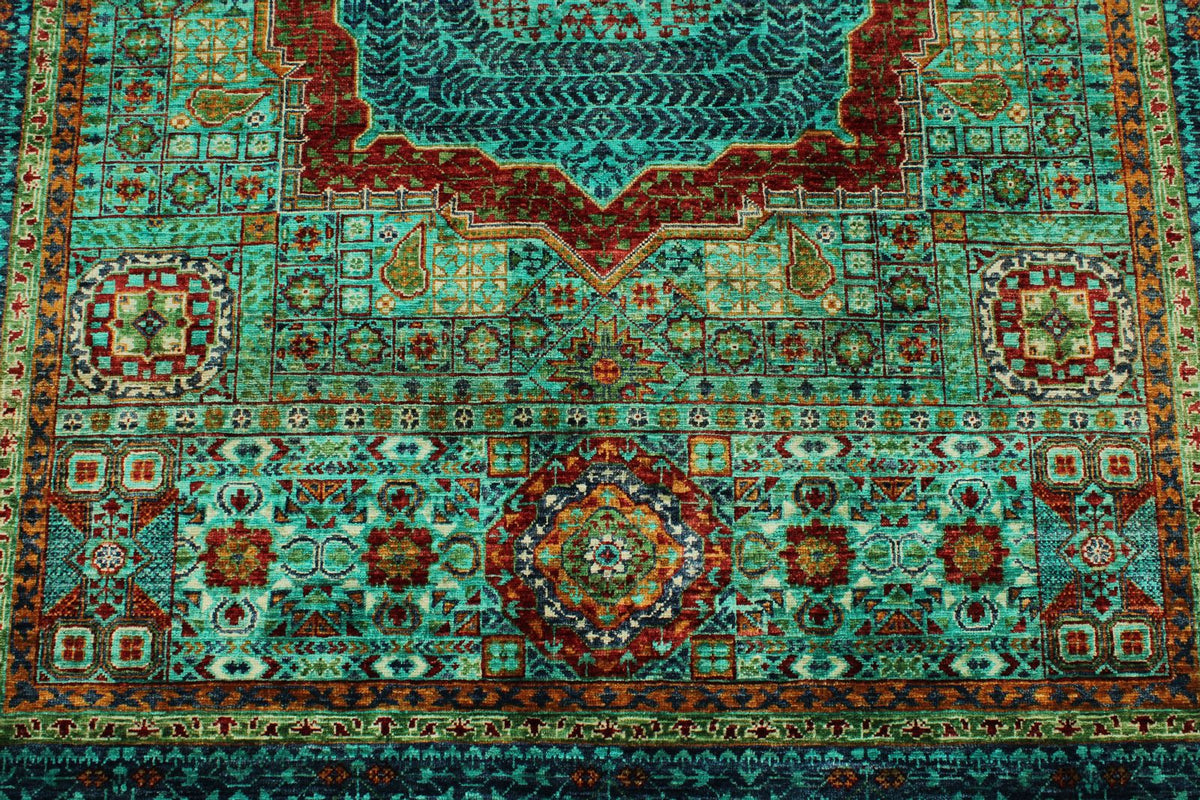 5x7 Green and Multicolor Turkish Tribal Rug