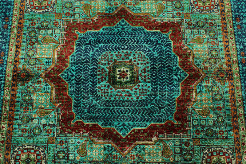 5x7 Green and Multicolor Turkish Tribal Rug