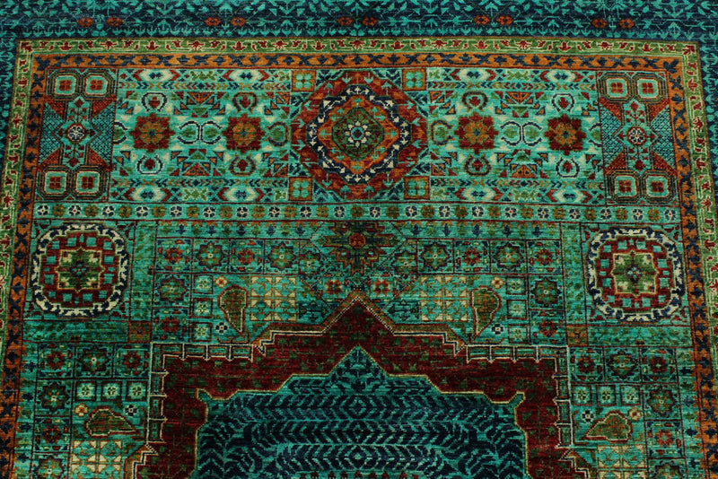 5x7 Green and Multicolor Turkish Tribal Rug