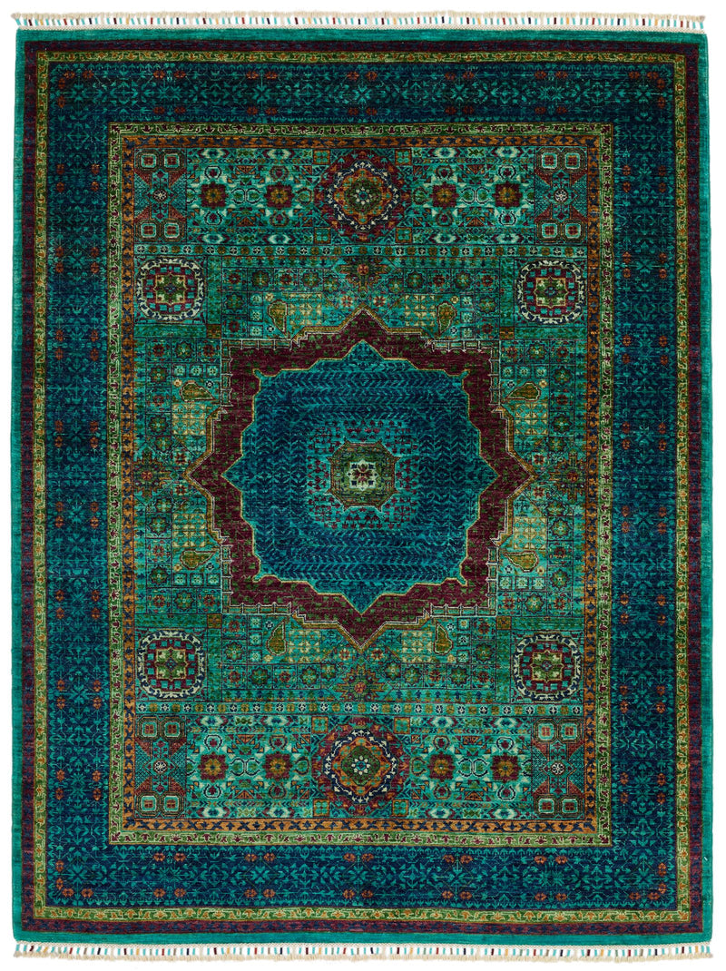 5x7 Green and Navy Turkish Tribal Rug