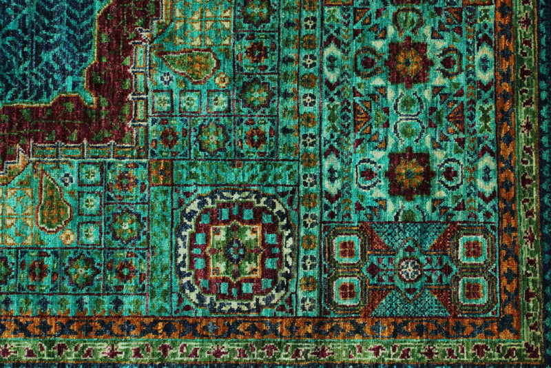 5x7 Green and Navy Turkish Tribal Rug