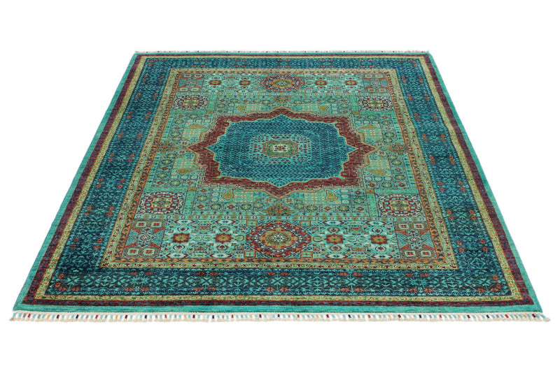 5x7 Green and Navy Turkish Tribal Rug