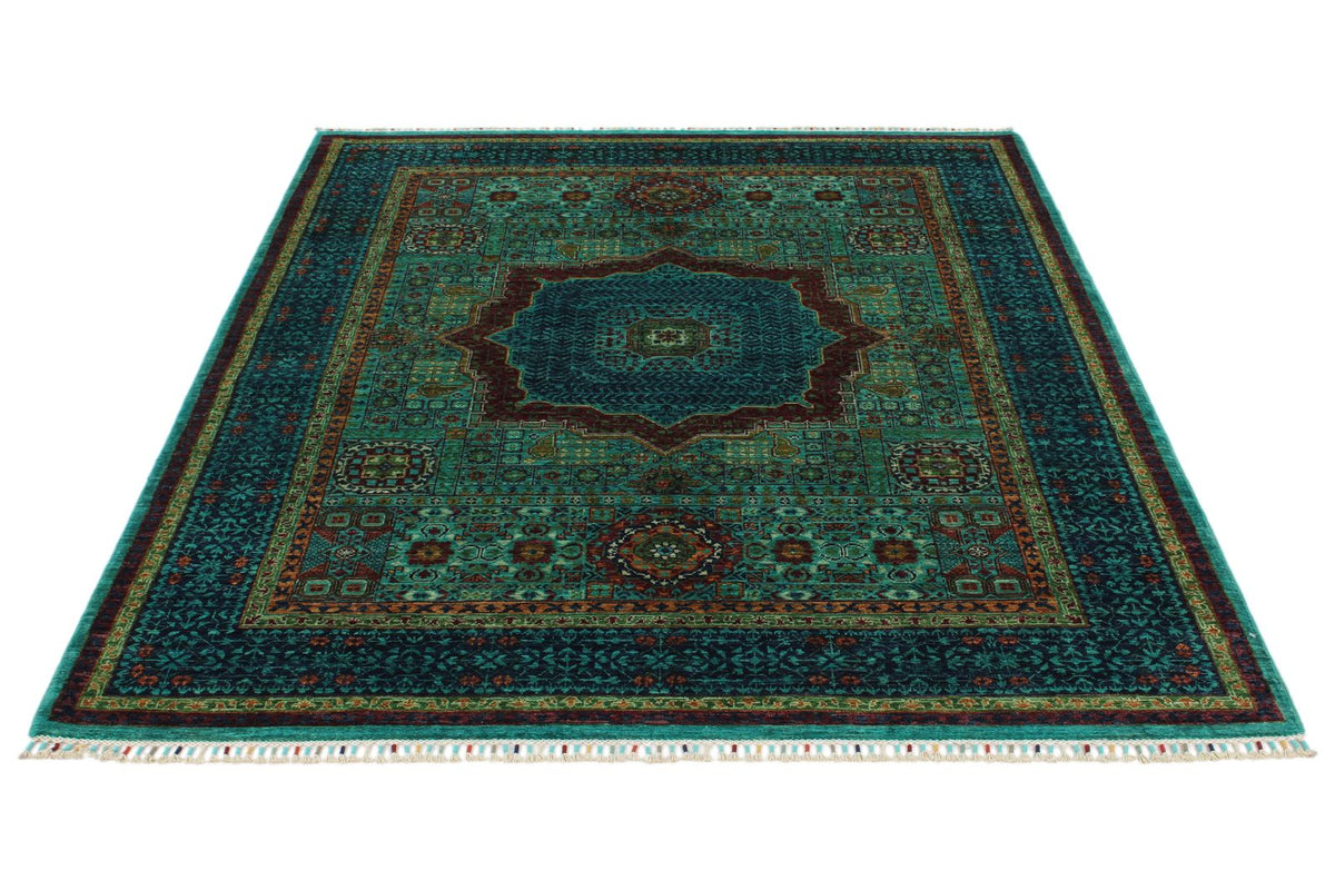 5x7 Green and Navy Turkish Tribal Rug