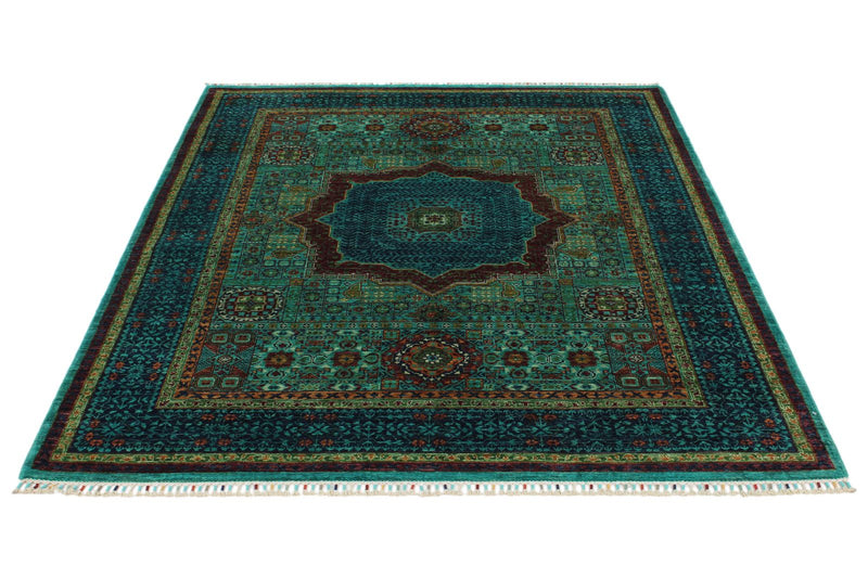 5x7 Green and Navy Turkish Tribal Rug