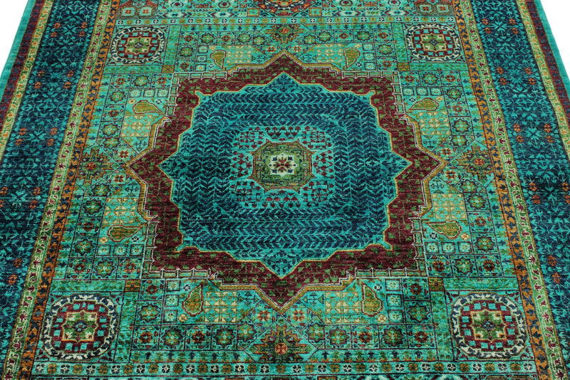 5x7 Green and Navy Turkish Tribal Rug