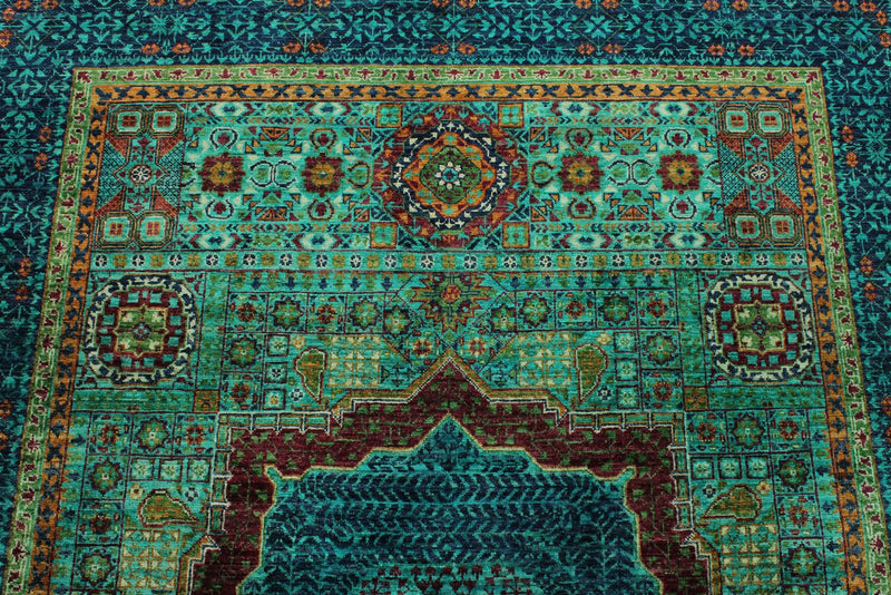 5x7 Green and Navy Turkish Tribal Rug