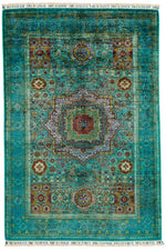 4x6 Green and Multicolor Turkish Tribal Rug