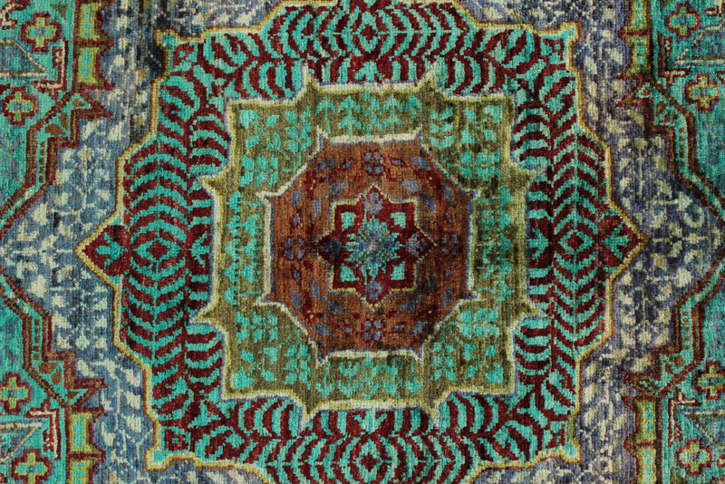 4x6 Green and Multicolor Turkish Tribal Rug