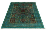 4x6 Green and Multicolor Turkish Tribal Rug