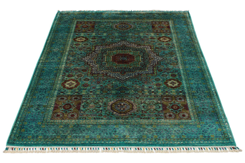 4x6 Green and Multicolor Turkish Tribal Rug