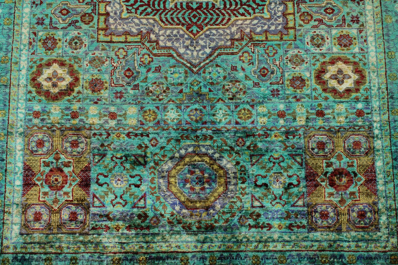 4x6 Green and Multicolor Turkish Tribal Rug