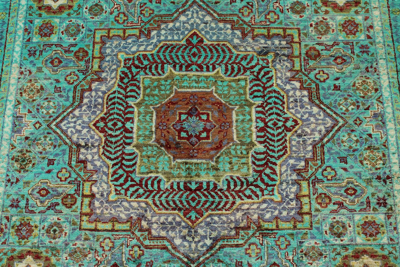 4x6 Green and Multicolor Turkish Tribal Rug