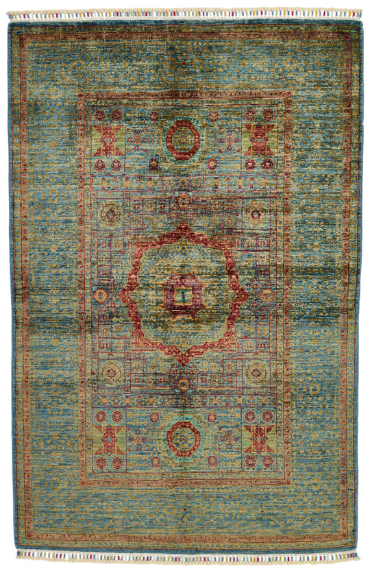 4x6 Light Blue and Multicolor Turkish Tribal Rug