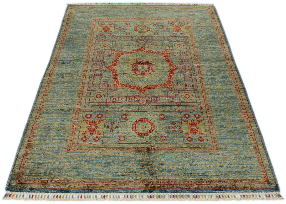 4x6 Light Blue and Multicolor Turkish Tribal Rug