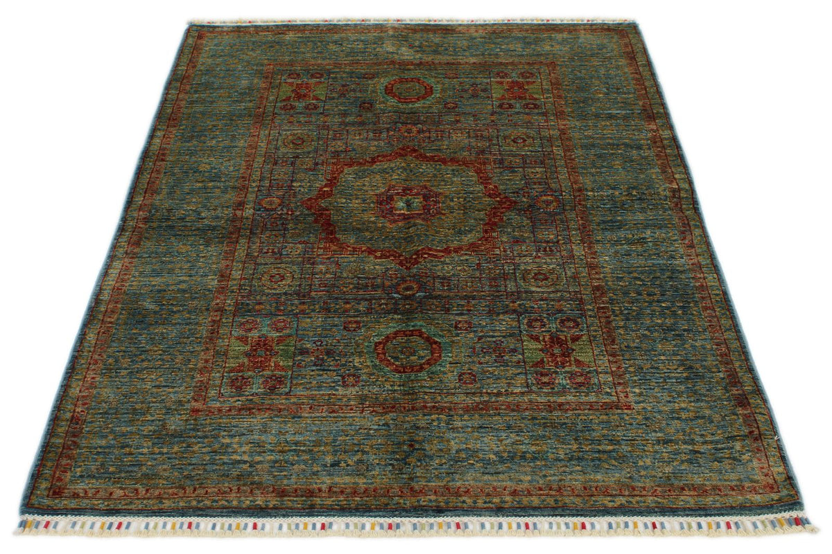 4x6 Light Blue and Multicolor Turkish Tribal Rug
