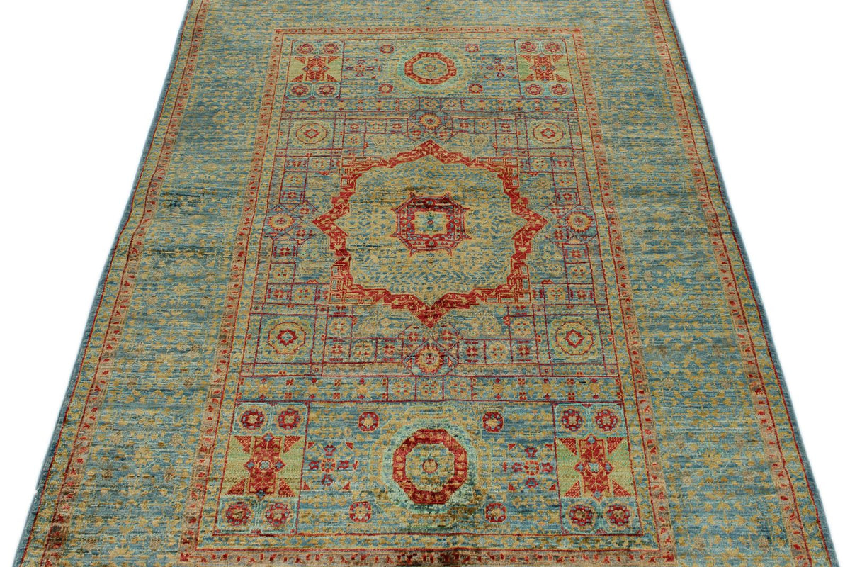 4x6 Light Blue and Multicolor Turkish Tribal Rug